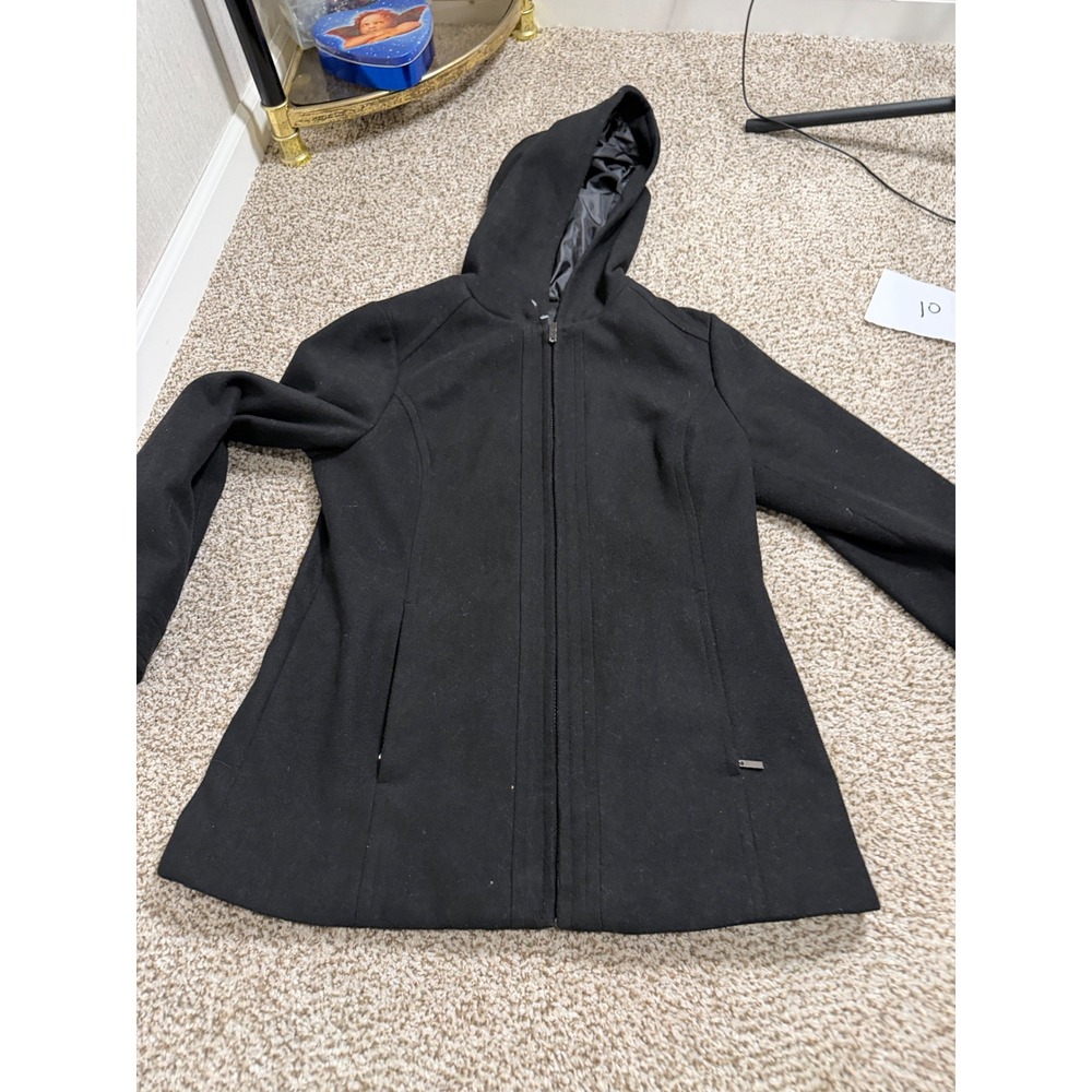 Relativity Petite Black Hooded Wool Blend Full Zip Coat Jacket PS
